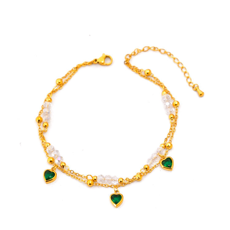 Fashionable Double-Layer Zircon Heart Pendant Anklet