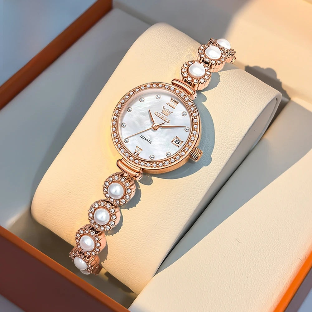 Damen Armbanduhr Gold Perlenarmband Quarz Datum Elegant