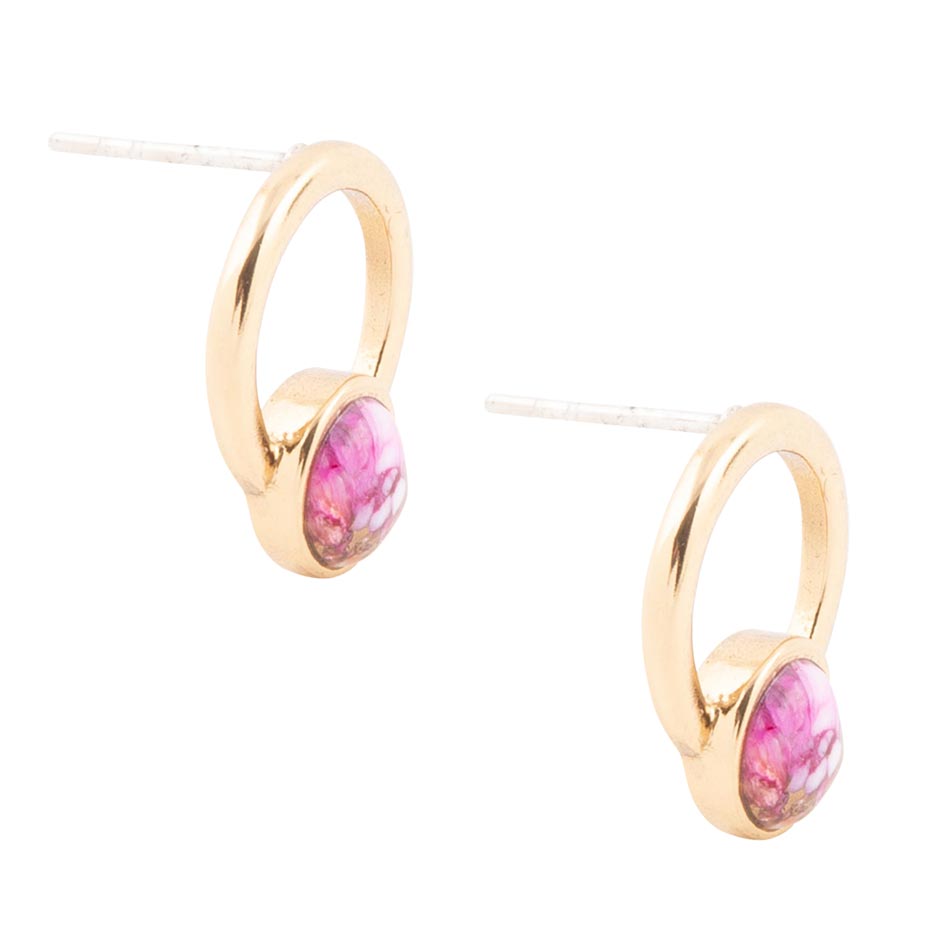 Boucles d'oreilles pendantes Calgary, matrice d'huître épineuse rose, monture dorée