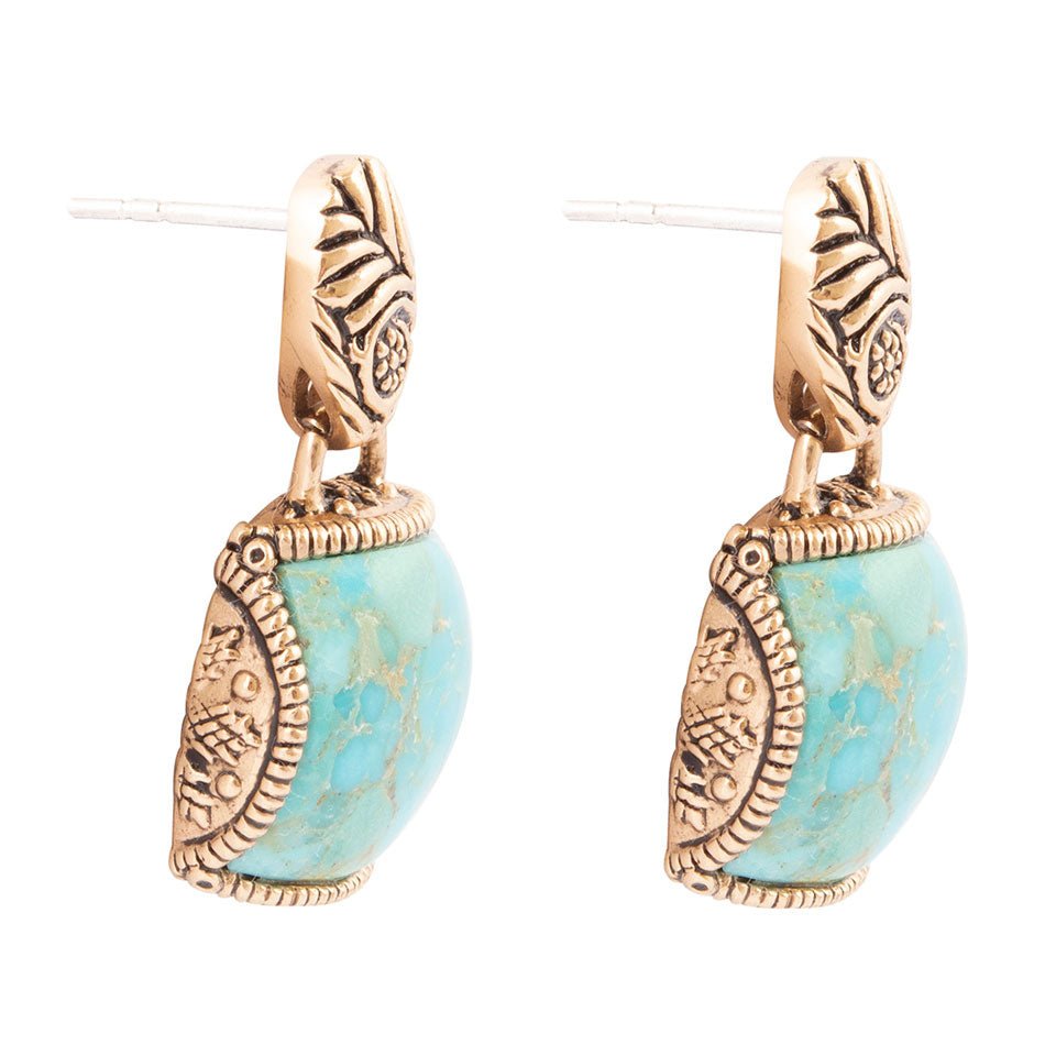 Carved Blue Turquoise Golden Drop Earrings - ThisandThatShoppe