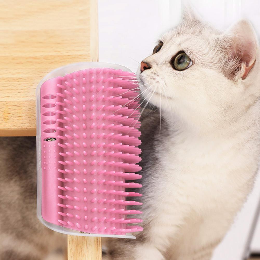 Cat Scratcher Corner Pet Brush Comb Play Cat Toy Plastic Scratch Bristles Arch Massager Self Groomer with Catnip Pouch Cat Wall Corner Massage Groomer Cat Self Grooming Brush