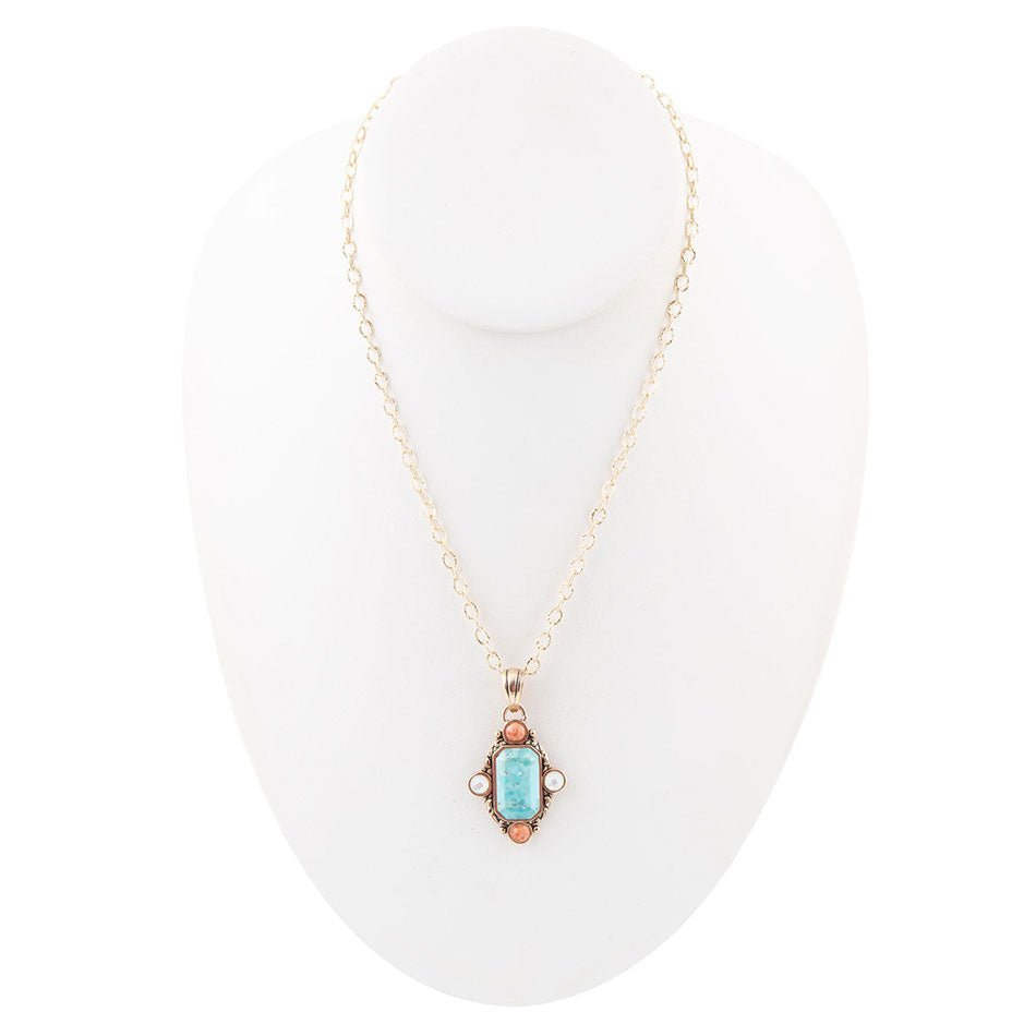 Champs Blue Turquoise and Orange Coral Golden Pendant Necklace - ThisandThatShoppe