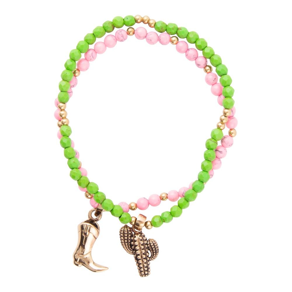Charmed Cactus and Boot Pink Green Jade Golden Bracelet Set - ThisandThatShoppe