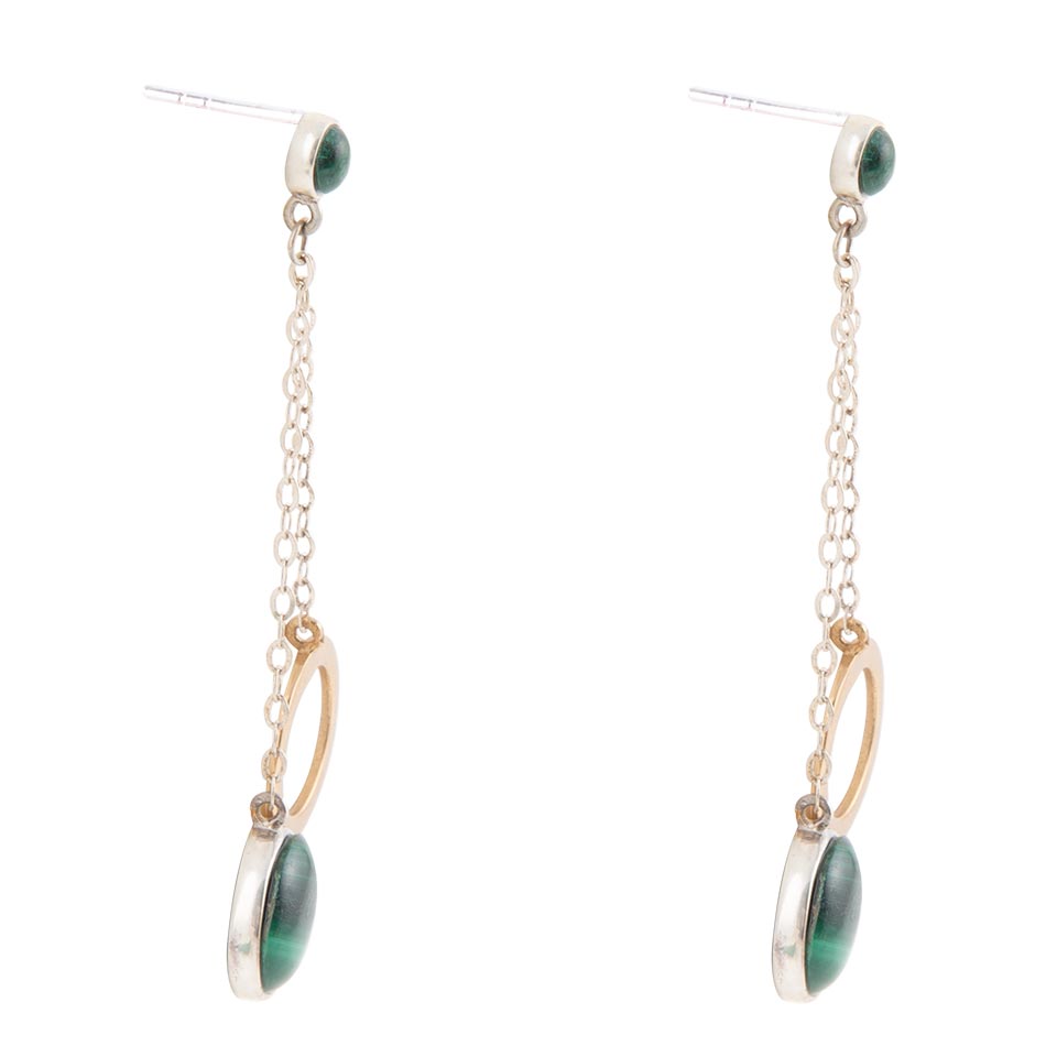 Circle Green Malachite and Two-Toned Metal Dangle Earrings - ThisandThatShoppe