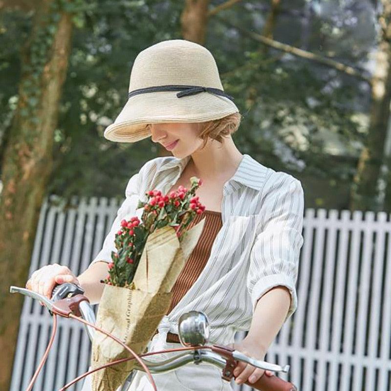 Klassischer Strohhut Damen Faltbar Reisen Sommer Damen Großer Sonnenhut Vintage Design Breiter Strohhut Damen Sommer Strandhut Urlaub Party Hut 56-58CM