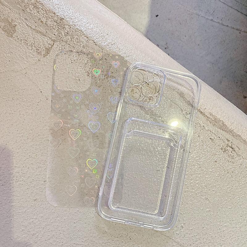 Clear Holographic Love Heart Pattern Cute Case with Card Holder Love Gradient Transparent Soft Case For iPhone 14 13 11 12 Pro Max Mini X XS XR 7 8 Plus Wallet Card Holder Cover