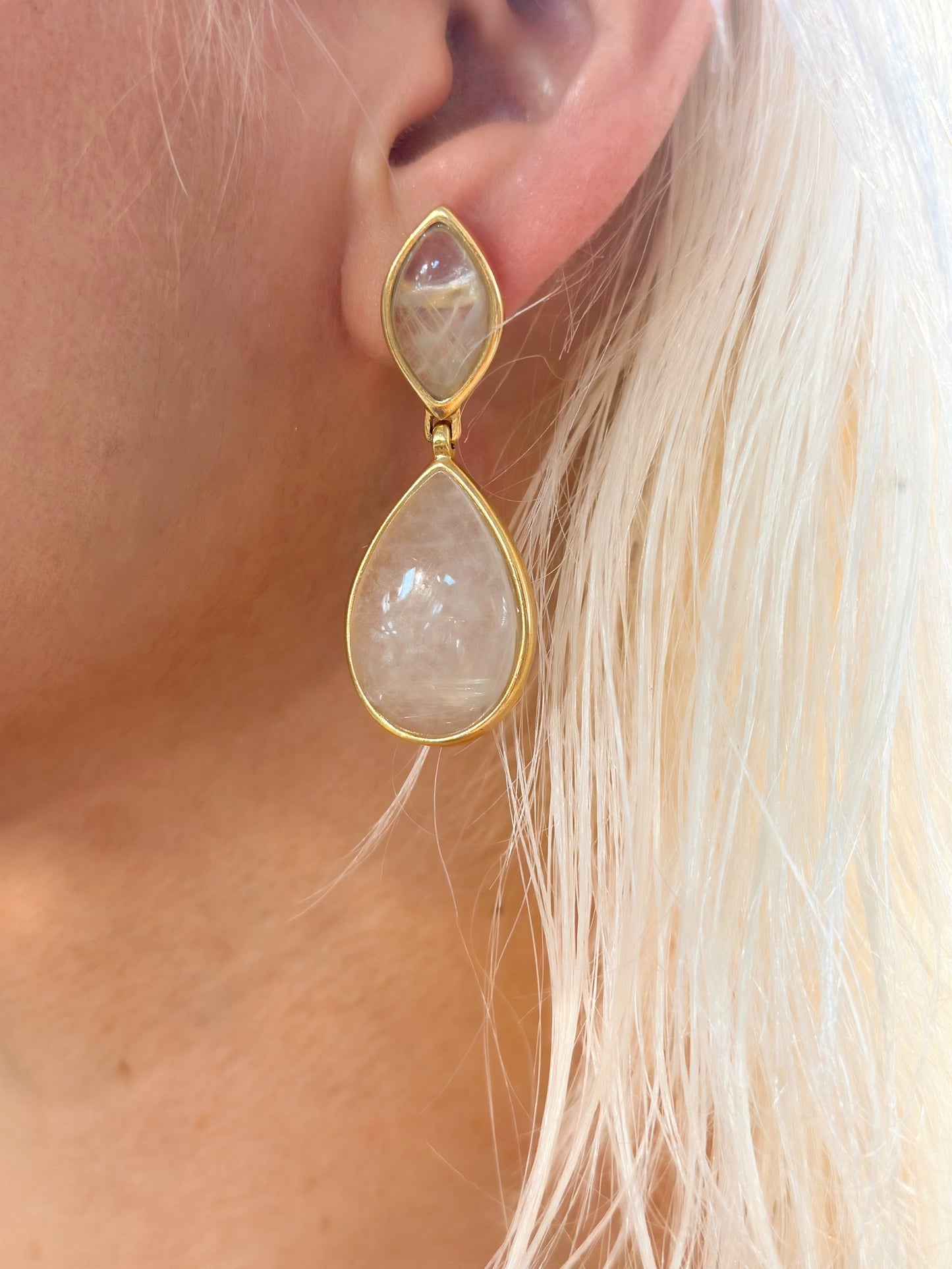 Boucles d'oreilles pendantes en quartz clair, plaqué or, forme goutte d'eau