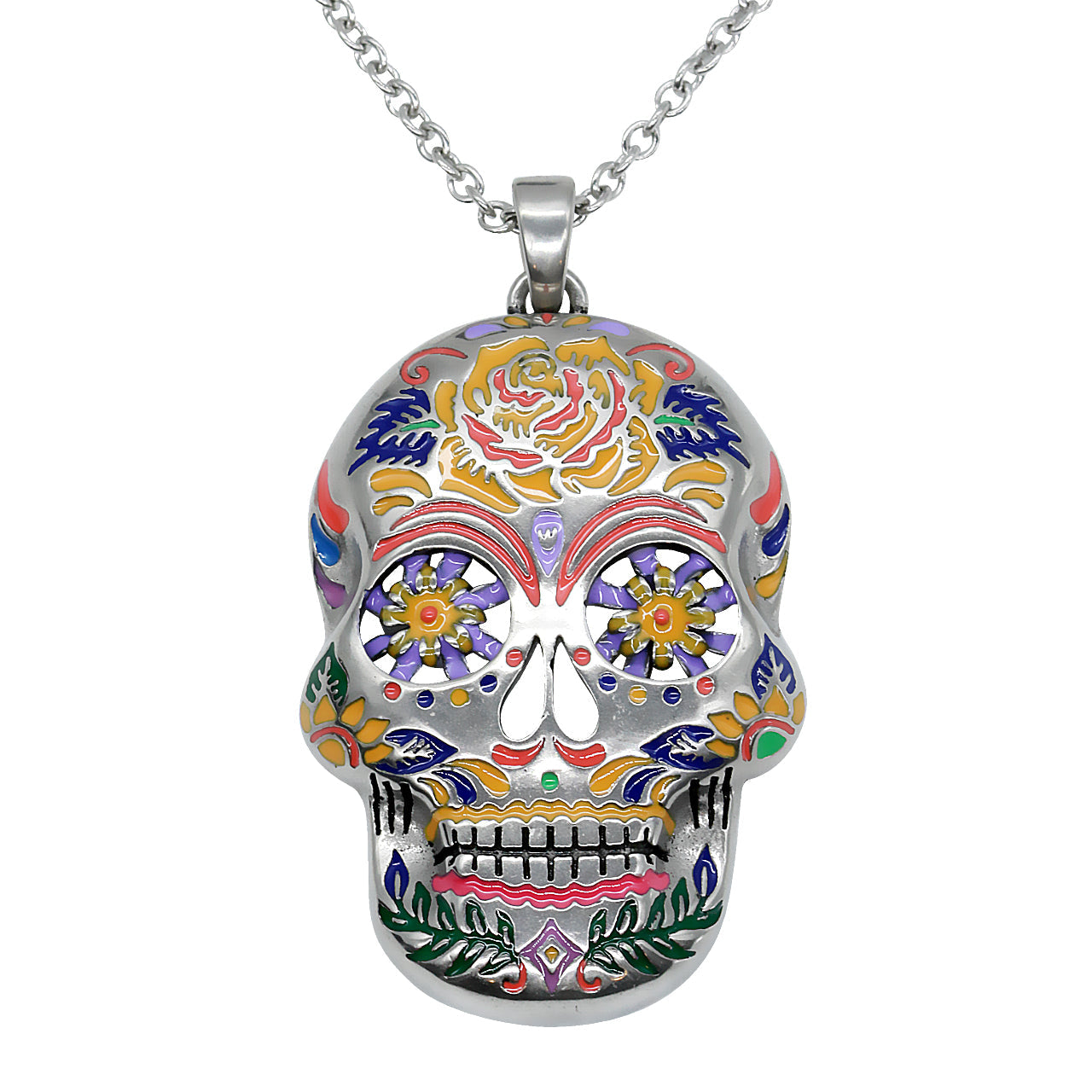 Collier Pendentif Crâne Fleuri Coloré Jour des Morts