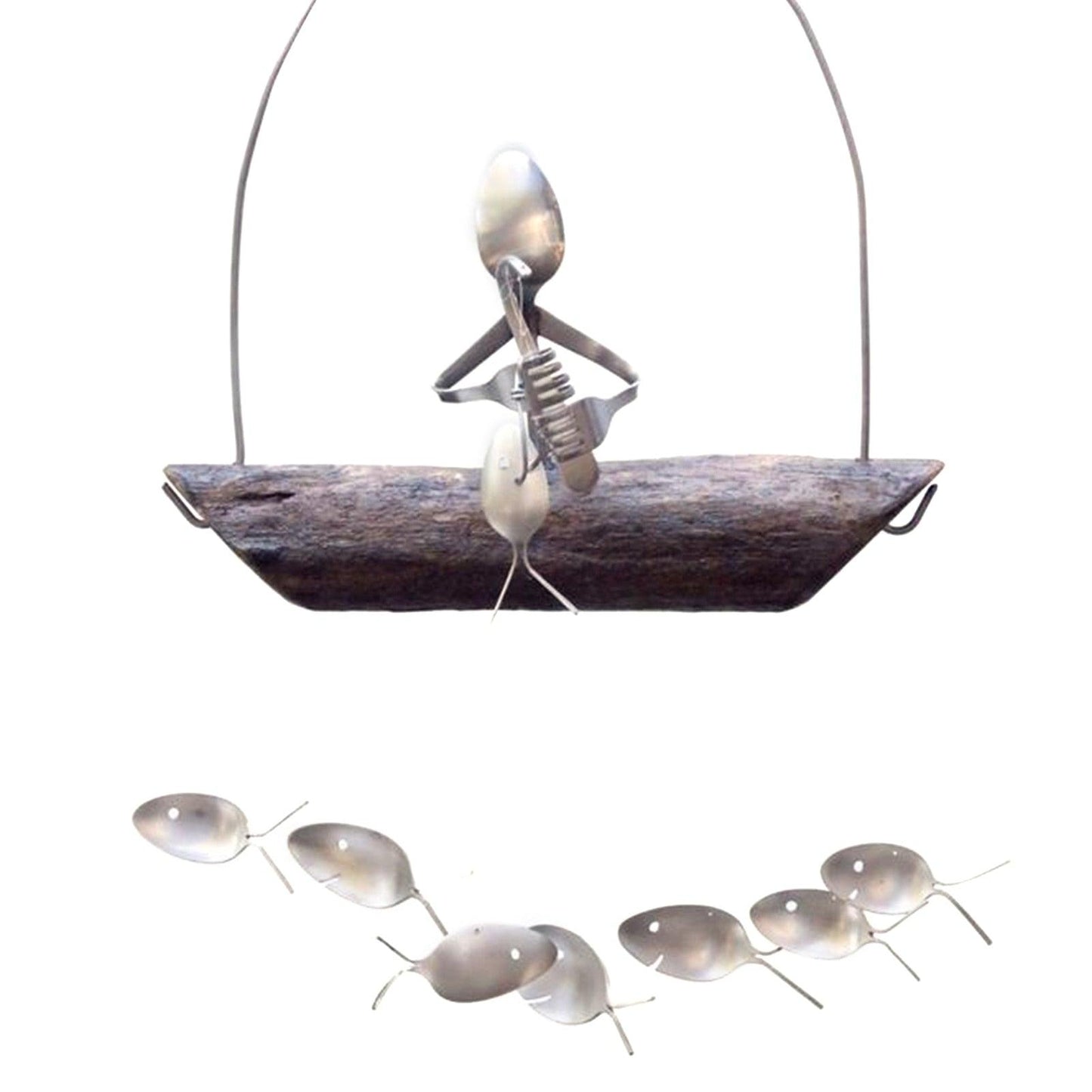Creative Fishing Man Spoon Fish Sculptures Wind Chime Home Bedroom Painted Fish Mobile Tropical Fish Home Decor Yard Garden Hanging Ornament Decoration