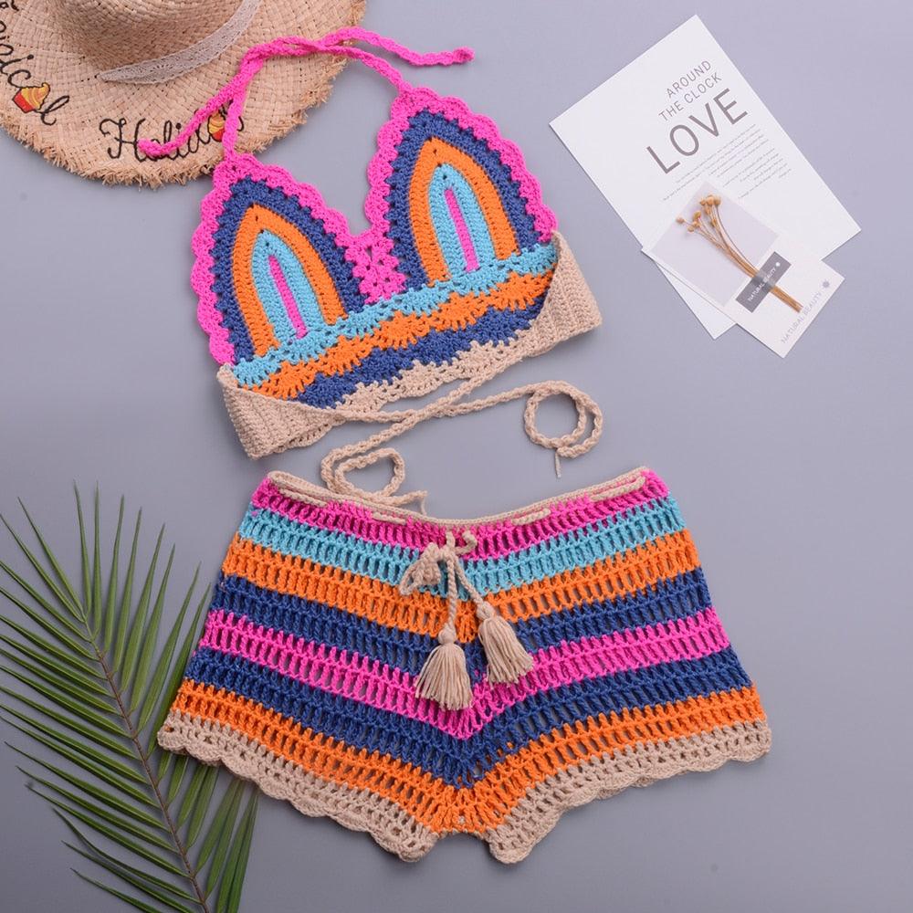Crochet Bikini Sets Multi Color Knitted Rainbow Striped Off Shoulder Top Bottom Bikini Women's Crochet Striped Lace Up Shorts Bikini Set 2 PCS Knit Bathing Suit Swimsuit Beachwear Bathing Suit Women Swimsuit