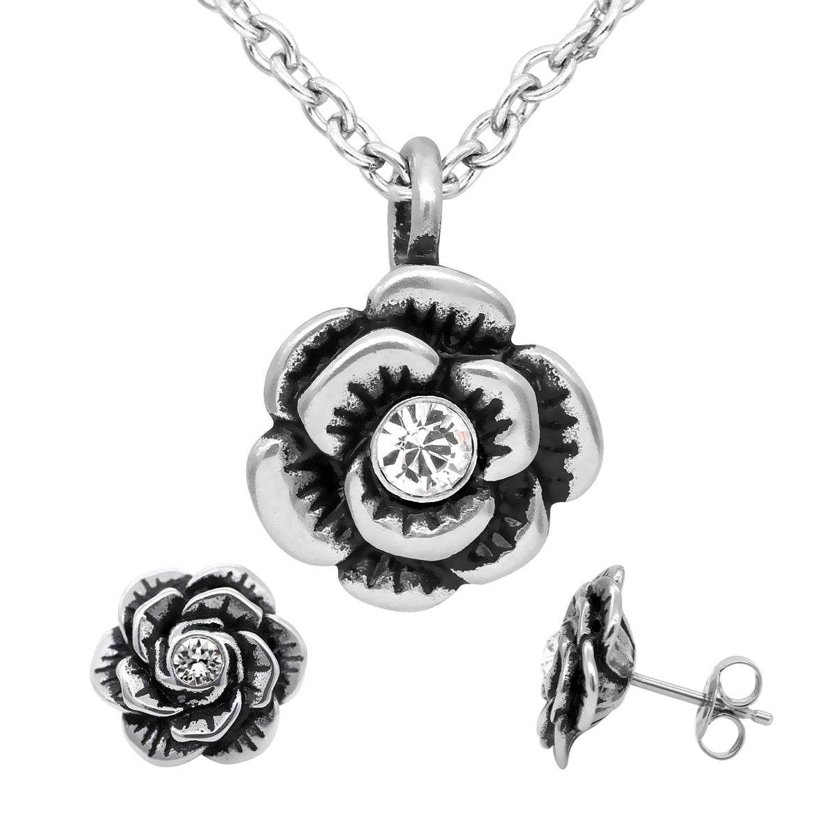 Parure Collier et Boucles d'Oreilles Fleur en Cristal Ton Argent