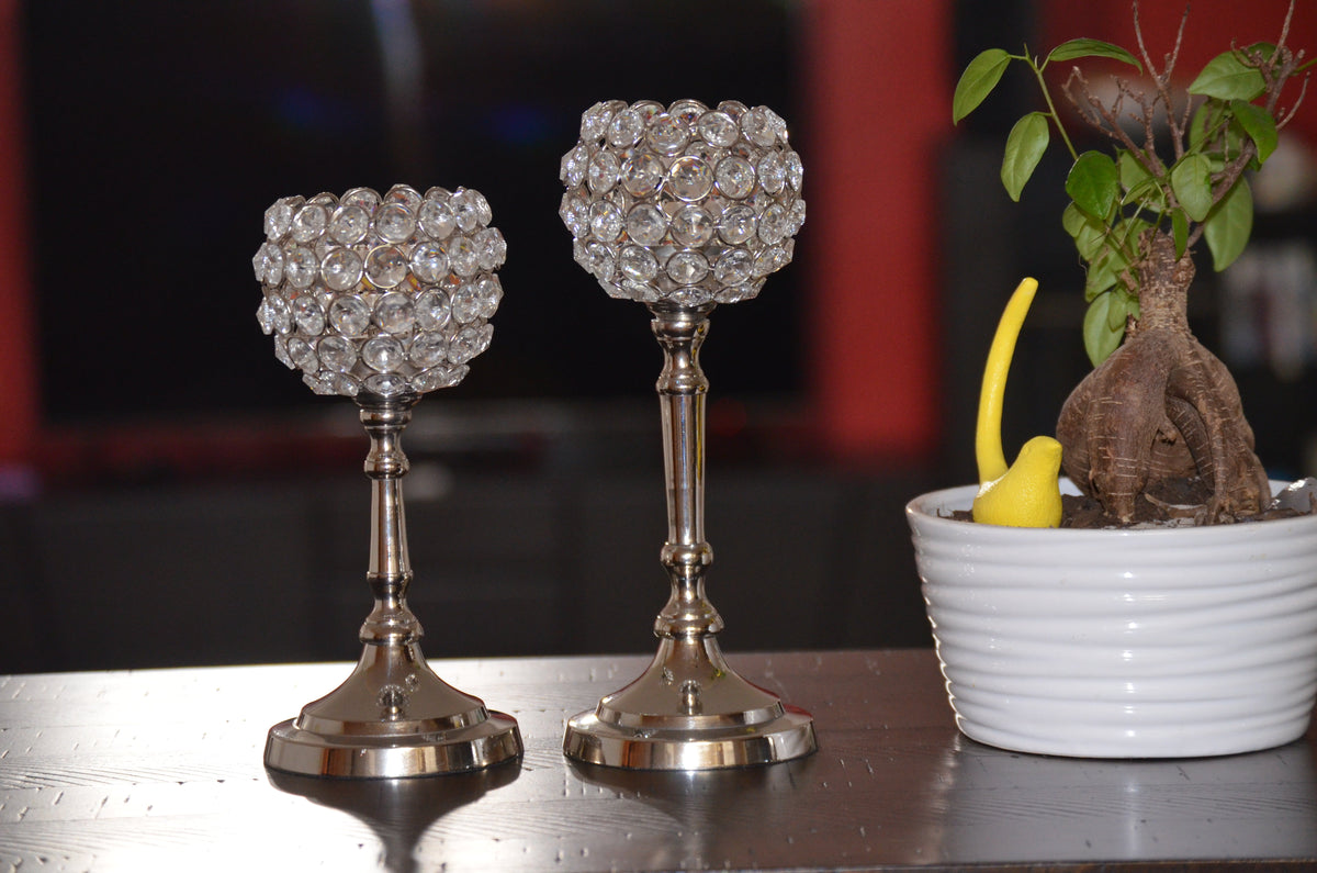 Vibhsa Hurricane Crystal Candle Holders | Set of 2, 8" & 10", Silver Nickel Finish