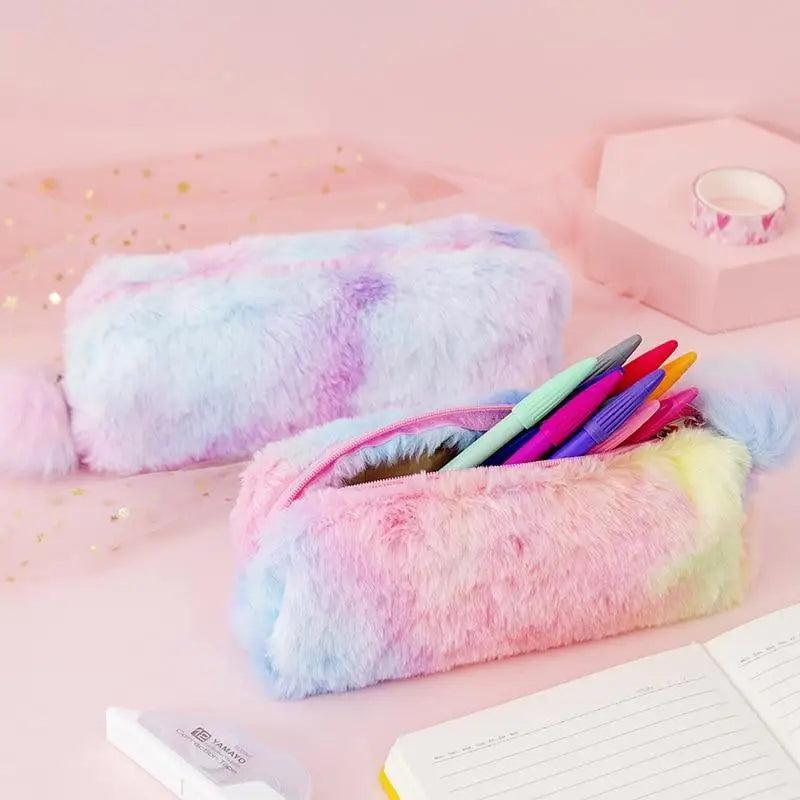 Cute Candy Color Creative Plush Students Pencil Case Soft Stationery Large Capacity Pouch For Girls
