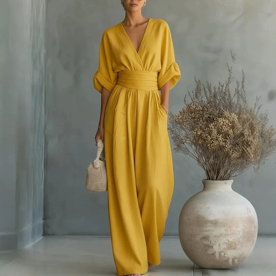 Women's V-Neck Wide-Leg Jumpsuit – High Waist Pleated Elegant 11 Colors S–5XL