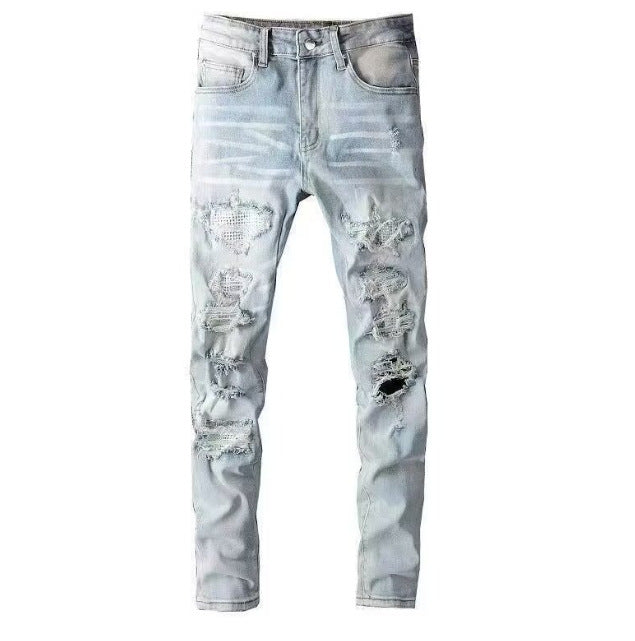 Punk Retro Blue Ripped Slim Fit Men's Jeans