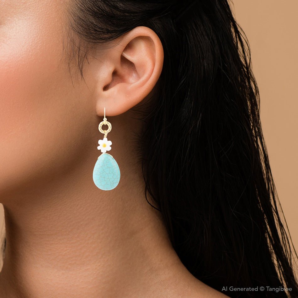 Dani Blue Turquoise Magnesite Flower Golden Drop Earrings - ThisandThatShoppe
