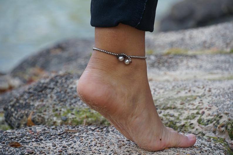 Boho Teardrop Bead Silver Anklet Adjustable Beach Party