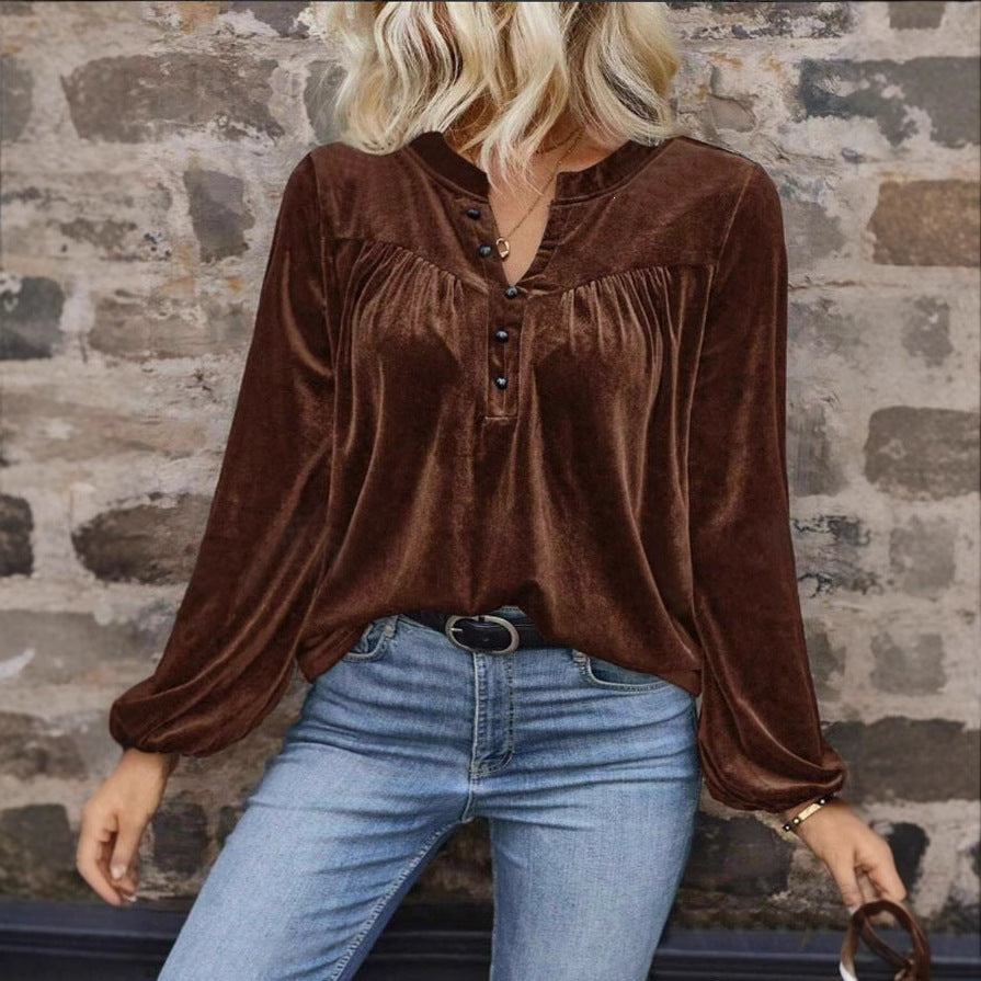 Elegant Long Sleeve Top For Spring & Fall Women's Casual Chic Solid Color Pullover V-Neck Button