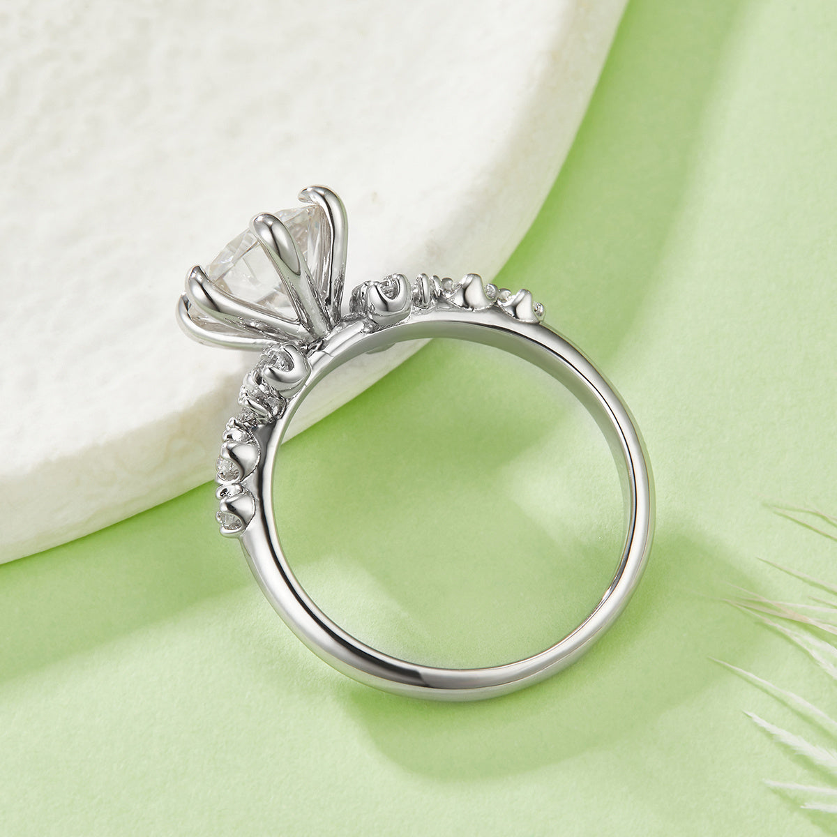 S925 Sterling Silver 2ct Moissanite Ring, 8mm D-VVS1 Round Cut With Floral Accent Band, Platinum Plated US Sizes 5-9, GRA Certified Gift Box