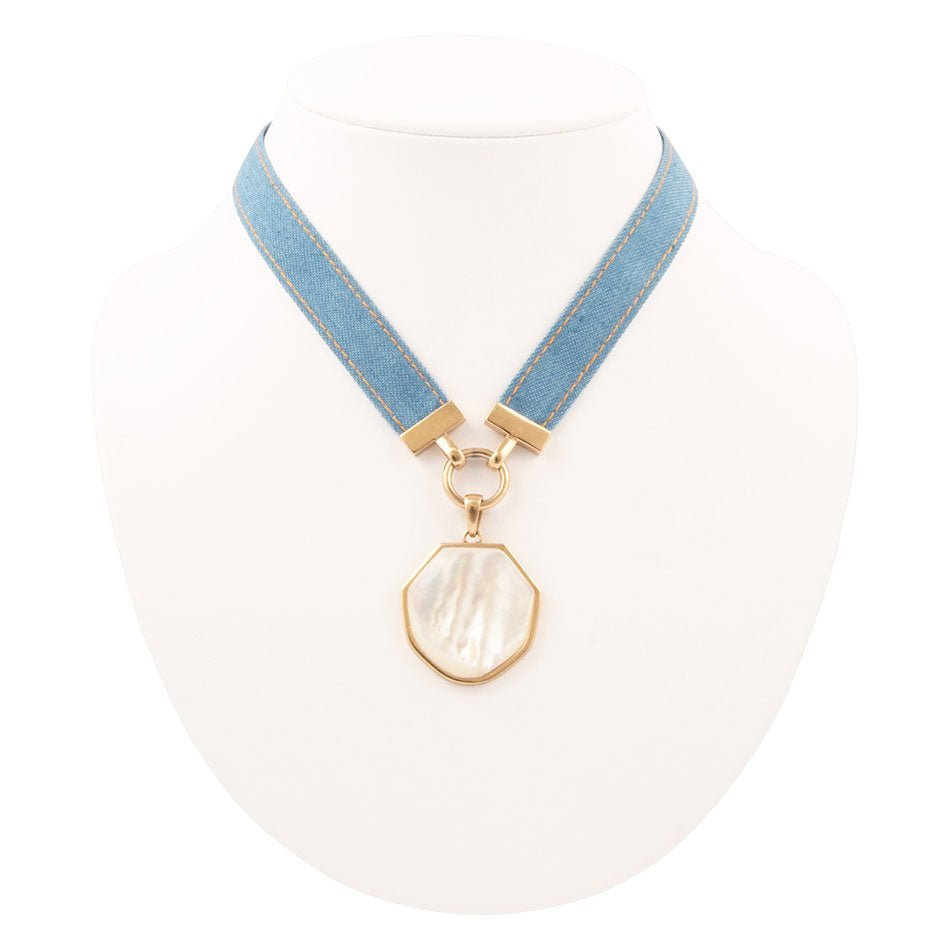 Blue Denim Dreams White Mother of Pearl Ribbon Golden Pendant Necklace - ThisandThatShoppe
