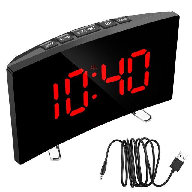 Digital Table Clock Digital Alarm Clock LED Bedside Clock Dual Alarm Adjustable Volume Alarm Clock for Bedroom Electronic 7 Inch Number Desktop Alarm Clocks For Kids Bedroom LED Screen Curved Dimmable Mirror