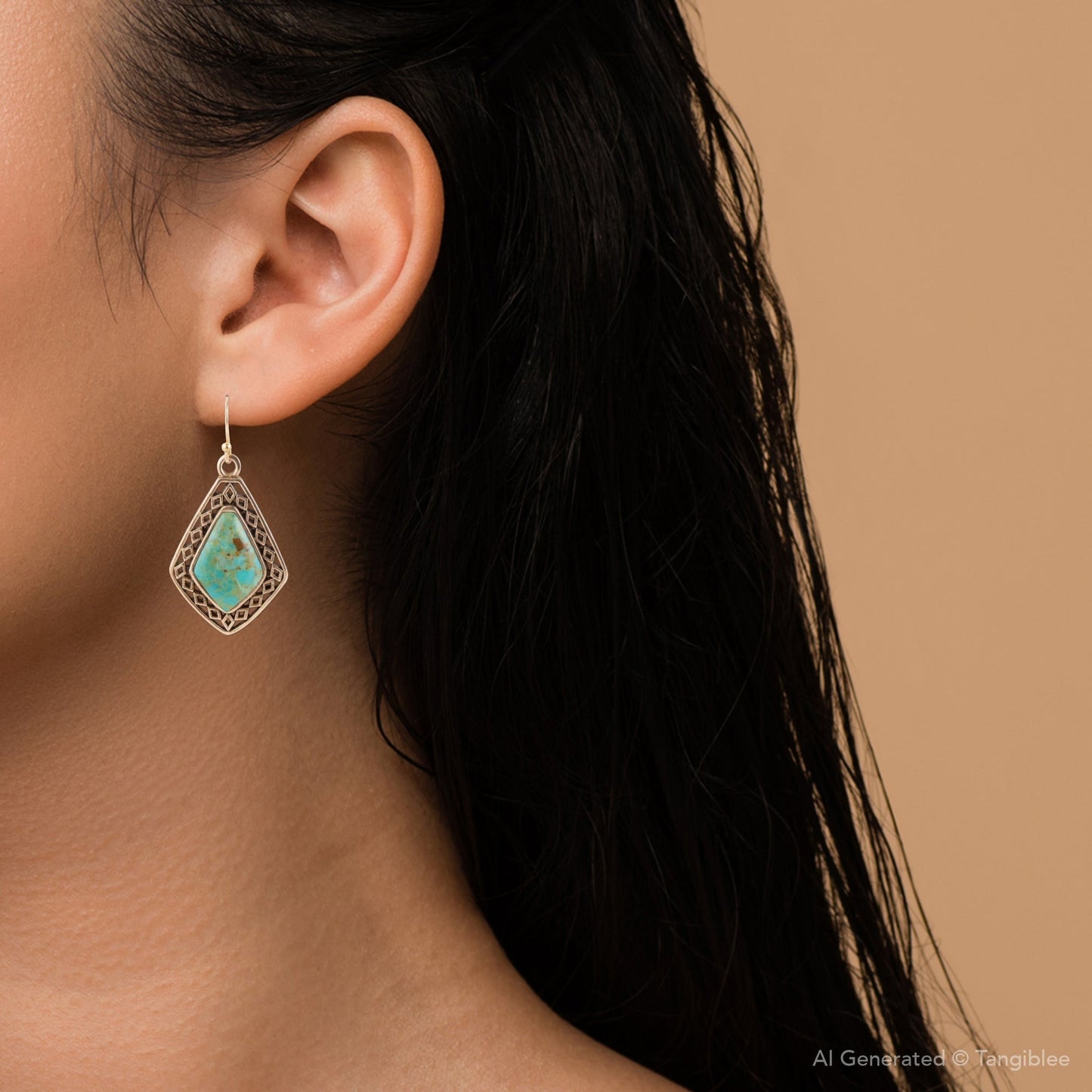 Boucles d'oreilles pendantes dorées avec pierre turquoise bleue Dimond