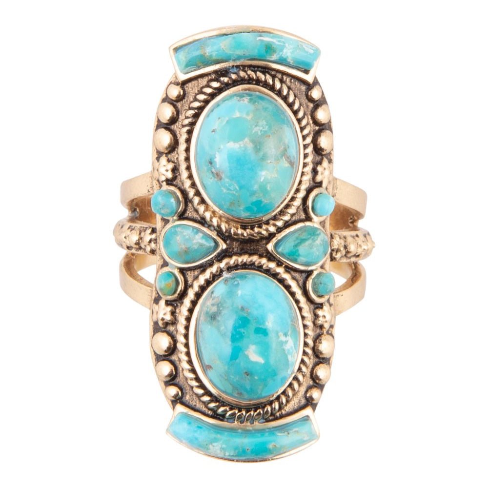 Double Blue Turquoise Golden Shield Ring - ThisandThatShoppe