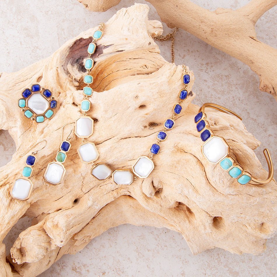 Dual Color Blue Lapis Turquoise and White Mother of Pearl Golden Cuff Bracelet - ThisandThatShoppe