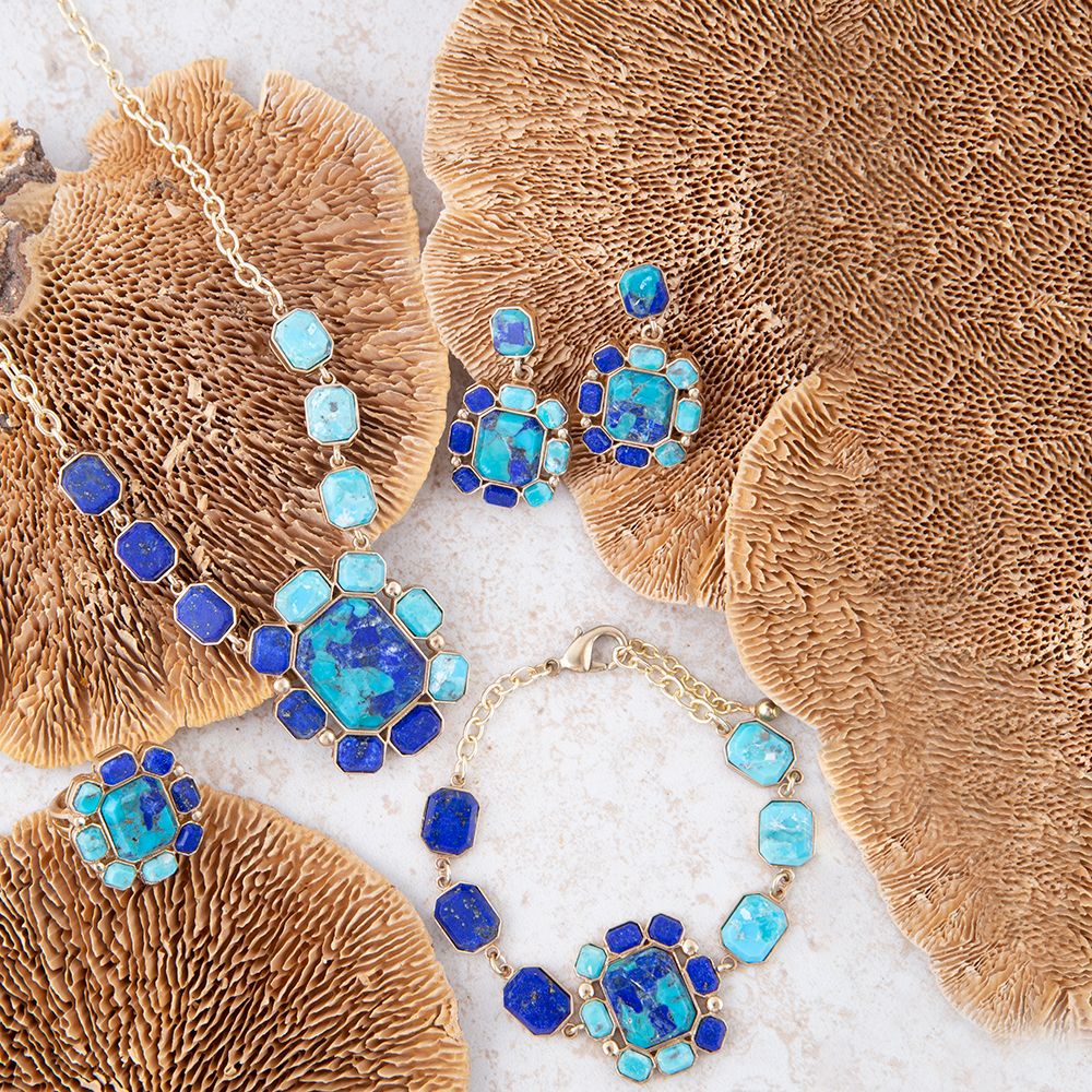 Duality Blue Lapis and Turquoise Golden Pendant Necklace - ThisandThatShoppe