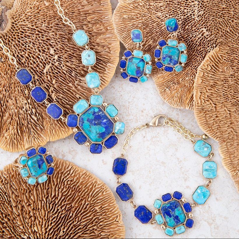 Duality Blue Lapis and Turquoise Golden Statement Ring - ThisandThatShoppe