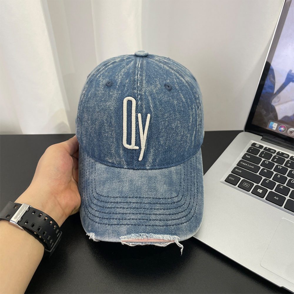 Retro Washed Distressed Denim Baseball Cap With Patch Holes And Embroidered Letter QY Soft Top Casual And Versatile Beanie
