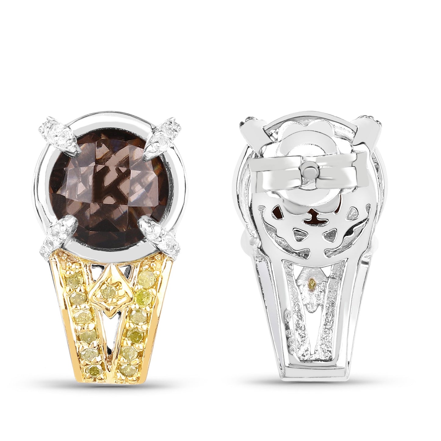 Boucles d'oreilles en argent sterling 925 avec quartz fumé véritable de 3,75 carats, diamants jaunes et diamants blancs