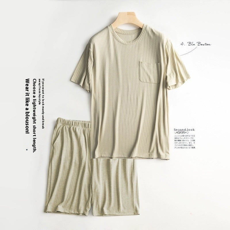 Men's Home Wear Thin Summer T-shirt Half Sleeve Shorts Suit Skin-friendly