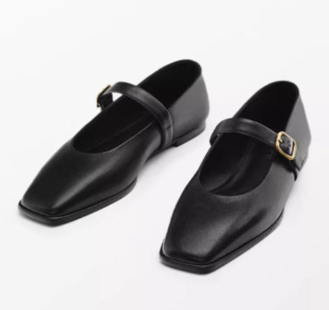 Genuine Leather Square-toe Flat Shoes For Women With Shallow Mouth And Single Strap