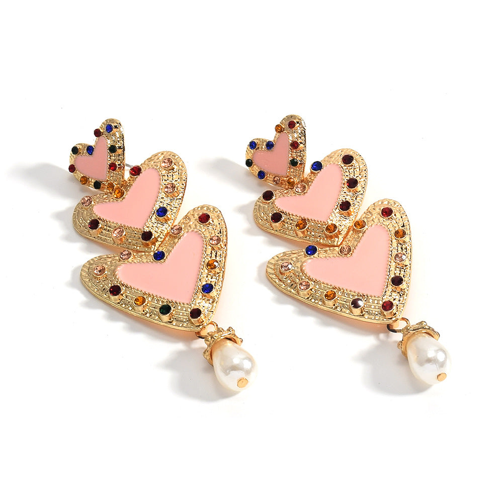 Vintage French Court Style Rhinestone Heart Three Layer Pearl Drop Earrings Exaggerated Dangle Jewelry