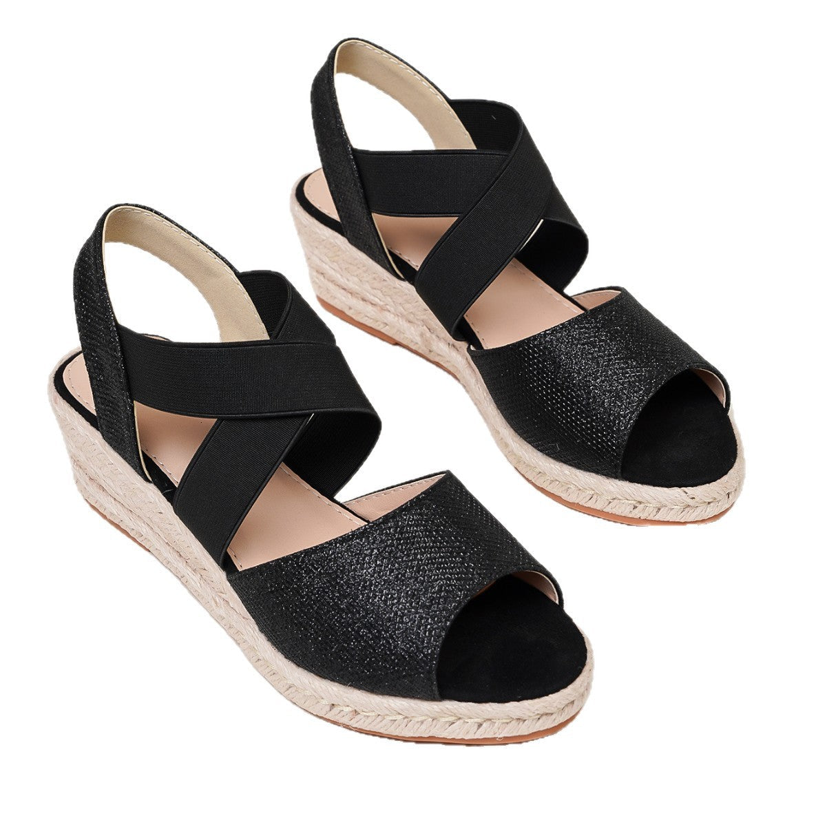 Sequin Peep-toe Espadrille Wedge Sandals With Elastic Cross Straps