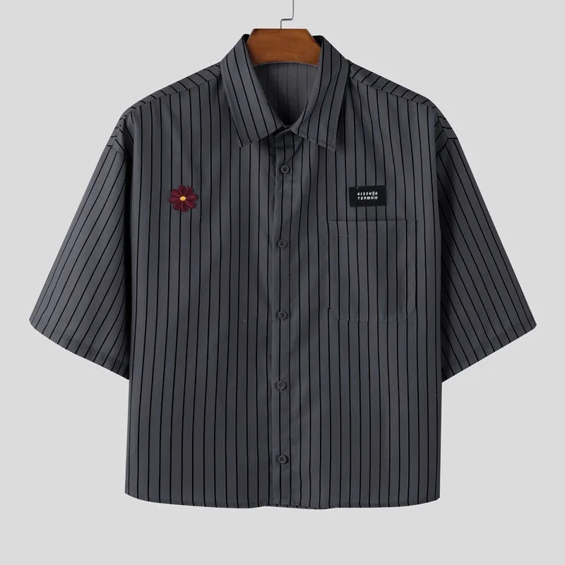 Loose-fitting Cropped Mens Striped Short-sleeve Shirt