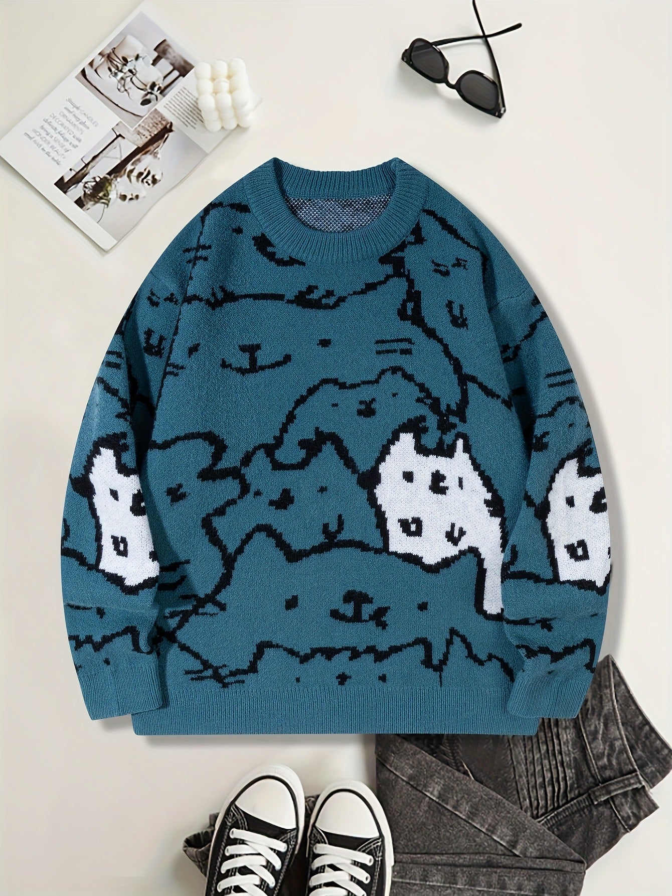 Mens Cute And Quirky Cat-print Knit Sweater
