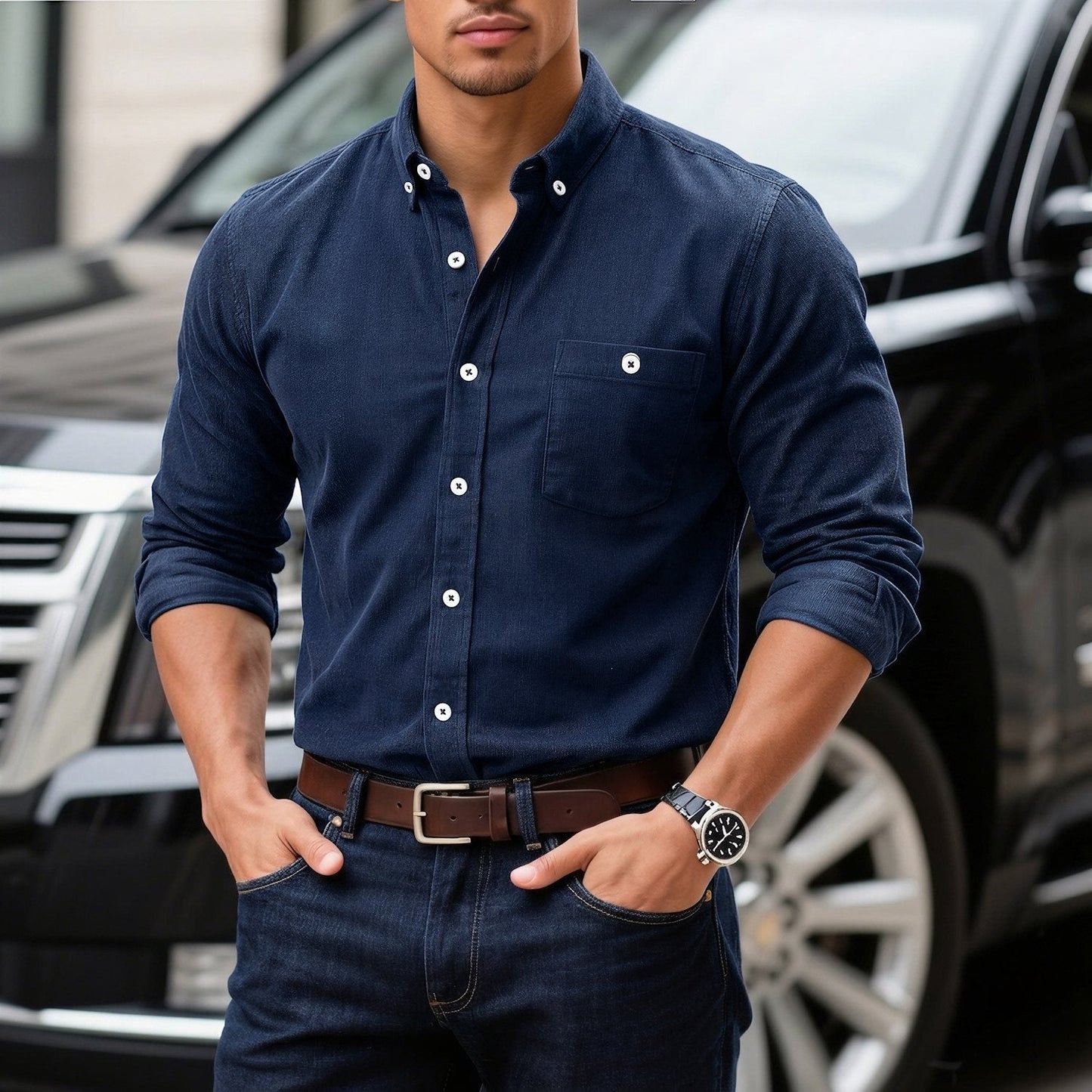 Mens Solid-Color Corduroy Long-Sleeve Base Shirt