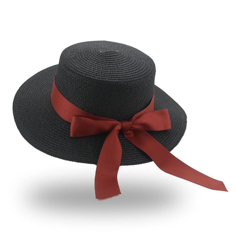 Elegant Adult Bucket Hat Beach Summer Straw Hats for Women Beach Sun Straw Hat Wide Luxury Comfortable Hat Flat Top Ribbon Bowknot Elegant Luxury Women Summer Hat 56-58cm