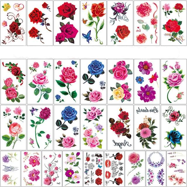 Elegant Sketches Black Flowers Body Tattoo Waterproof Temporary 3D Flowers Luxury Design For Womens