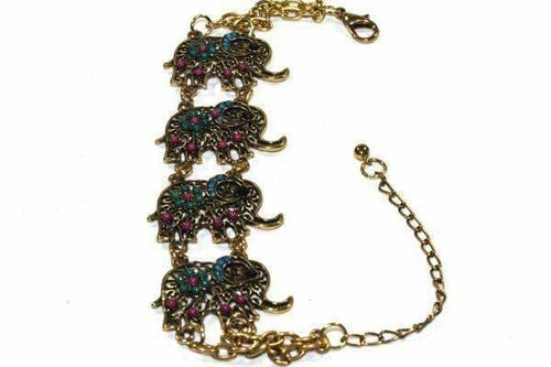 Bracelet Éléphant Perles Colorées Breloque Antique Dorée