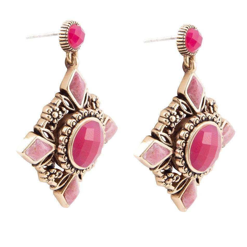 Embellished Pink Quartz Golden Post Drop Earrings - ThisandThatShoppe