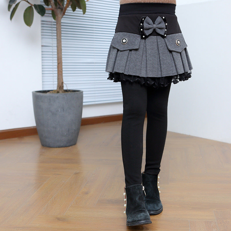 Thickened Fleece-Lined Base Leggings With Beaded Bow In Two Colors