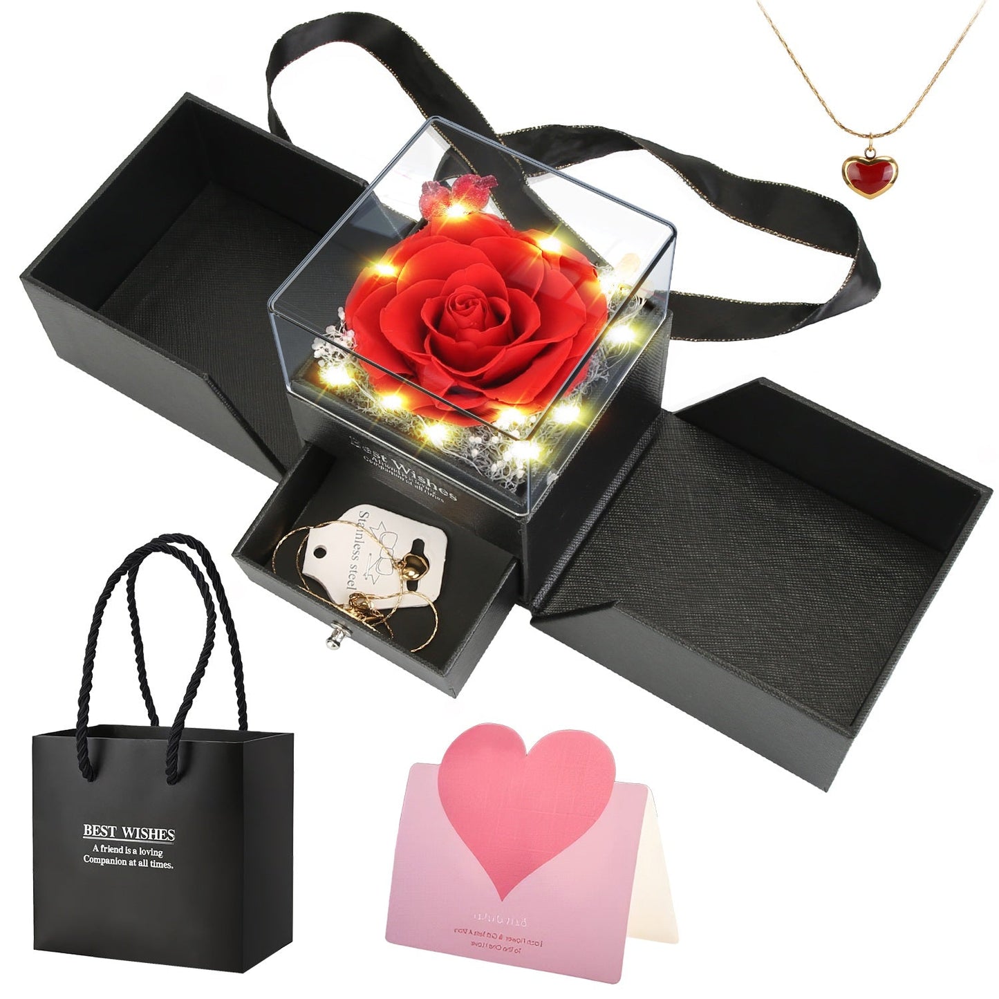 Konservierte Rote Echte Rose mit Herz Halskette Ewige Blumen Rose mit Goldhalskette Geschenke für Frauen Mama Ehefrau Freundin Oma zum Valentinstag Muttertag