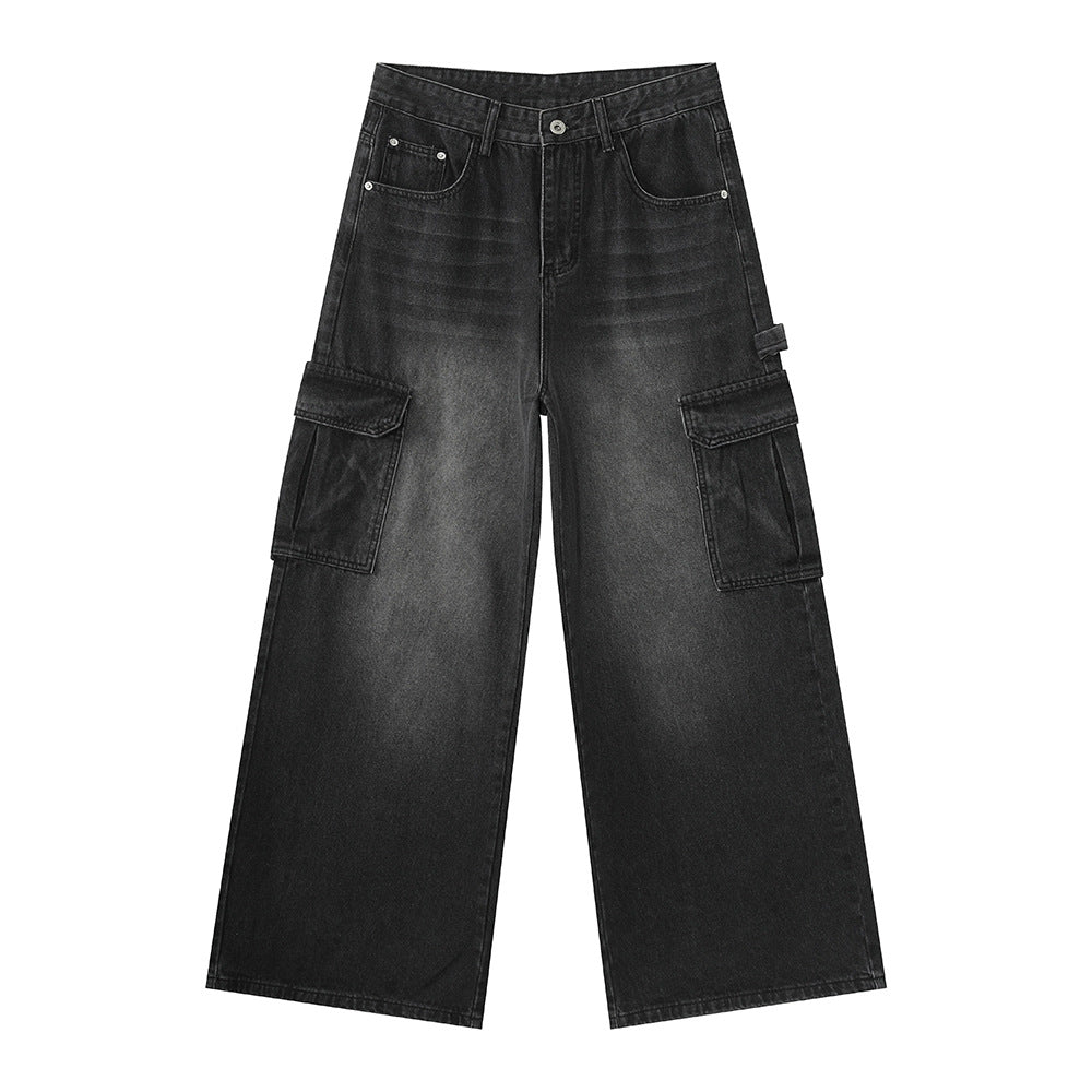Bleached Wide-leg Multi-pocket Straight-leg Casual Work Pants