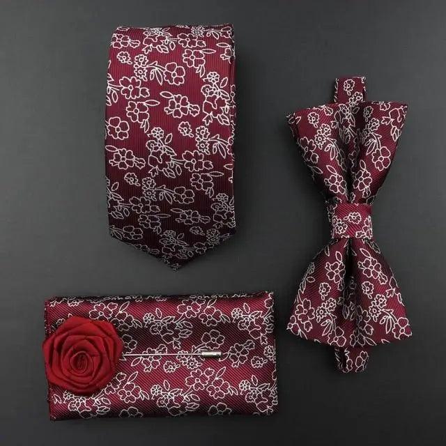 Fashion Red Business Necktie Matching Bowtie Flower Vintage Design Set For Men Self-Tie Bow Tie And Pocket Square Classic Business Tuxedo Wedding Bowties Handkerchief Set Men Necktie And Pocket Square Set