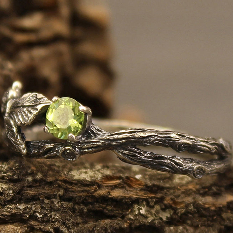 Retro-style Fashion Ring In Antique Silver Finish With Branch-like Design And Zircon Inlay