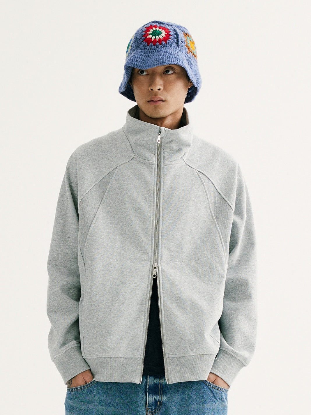 Retro Solid-color Curved-cut Stand-collar Zip-up Hoodie