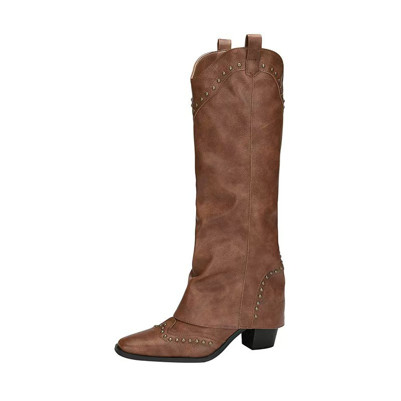 Retro Pointed-Toe Rivet Plus-Size Western Boots